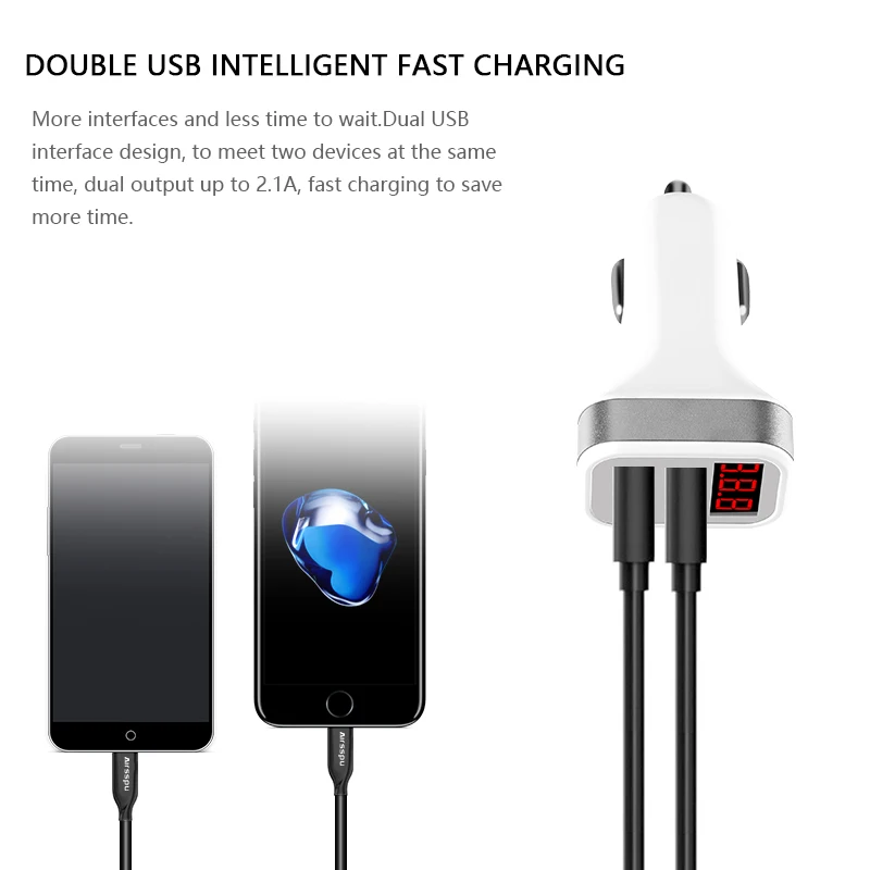 Airsspu Dual USB Car Charger 5V 2.1A LED Screen Car-Charger Adapter Charging for iPhone Samsung Tablet Protect Voltage Warning | Мобильные