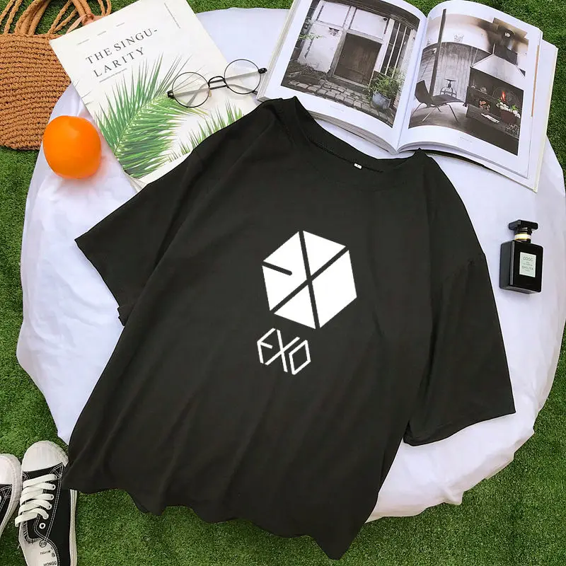 Черный EXO Kpop футболка с коротким рукавом женская летняя новая Корейская хлопковая Футболка Femme Повседневная Уличная Tumblr Harajuku топы Camisas Mujer - Цвет: Черный