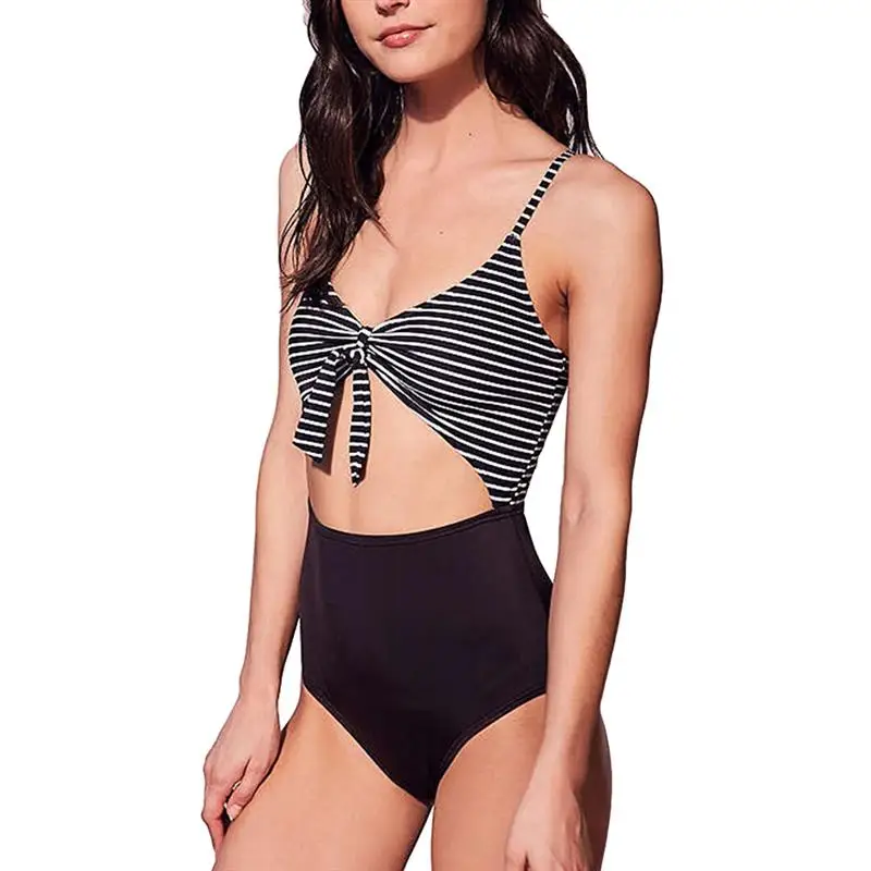 Женский цельный купальник бикини с v образным вырезом и бантом в полоску вырезами