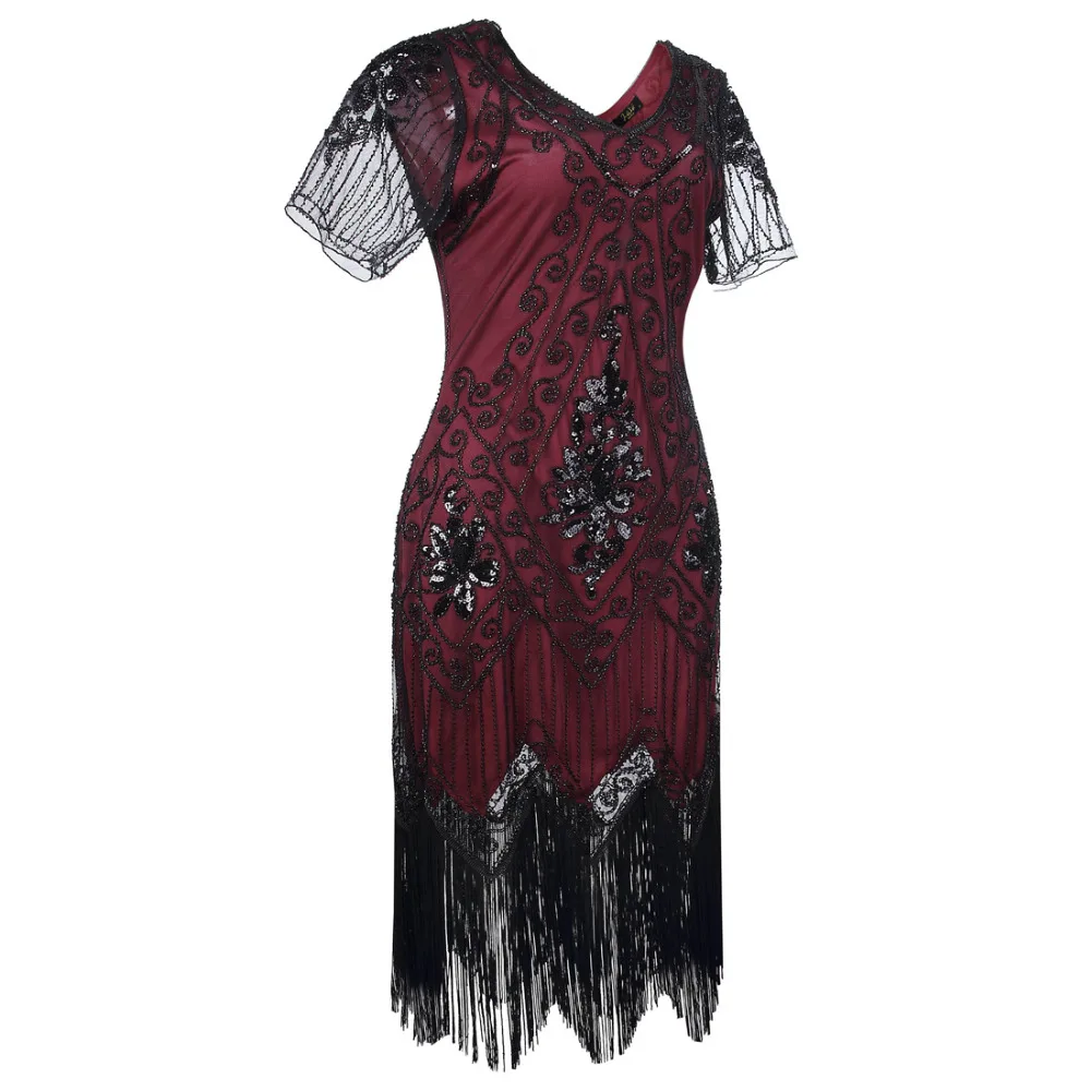 Платье Гэтсби 1920-х годов Женское V-образное коктейльное платье Vintage с пайетками и бахромой с рукавом на выпускной.