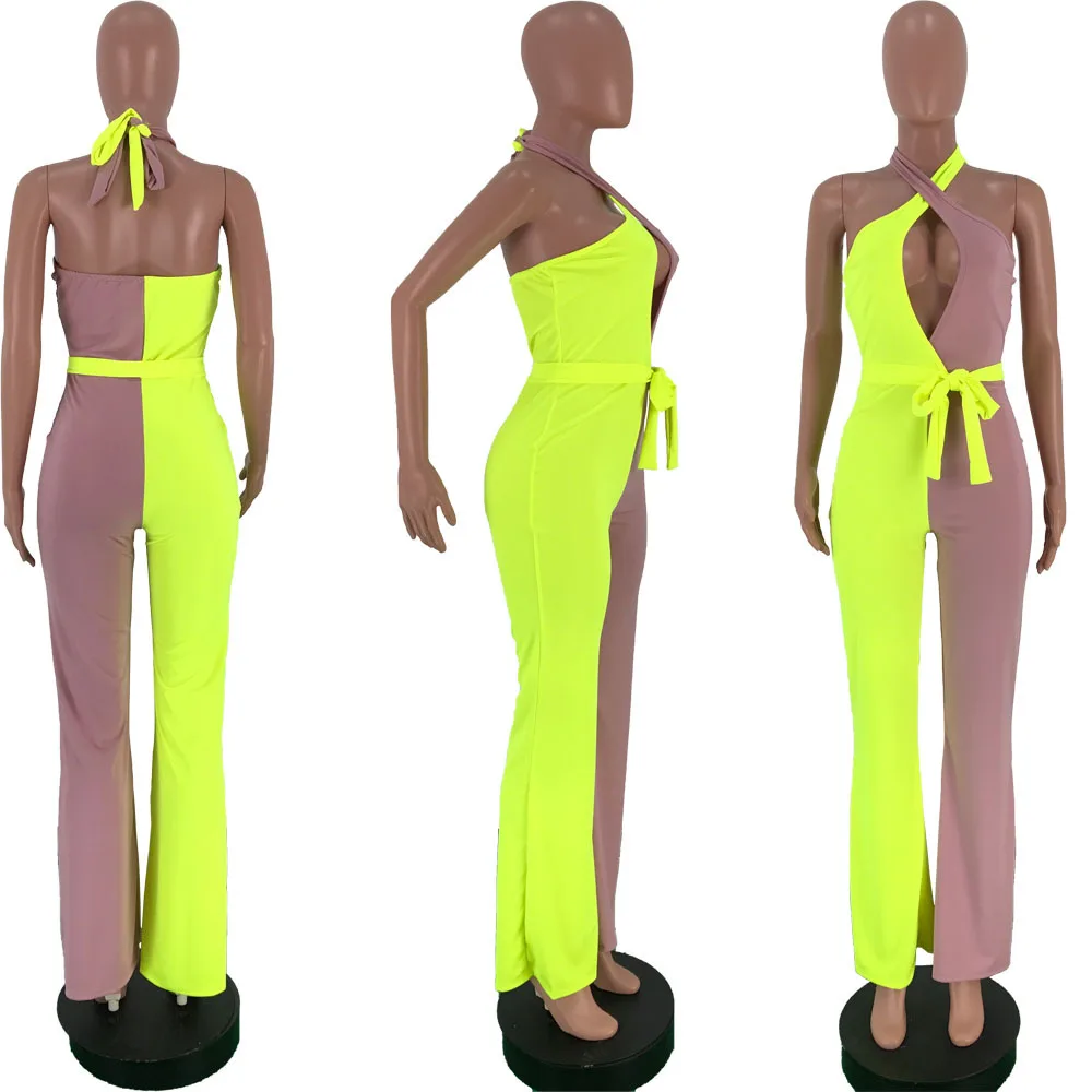 

Halter 2 Color Patchwork Sexy Overalls Jumpsuits Women Hollow Out Backless Sashes Summer Plus Size Nightclub Romper Playsuits