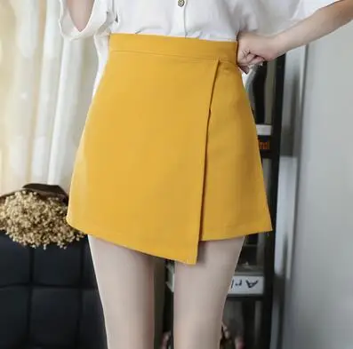 yellow Qooth, консервативный стиль, мини юбка, безопасные брюки для женщин, элегантная Рабочая Юбка, весна-лето, новая короткая белая юбка с высокой талией, 2XL QH982 - Цвет: yellow