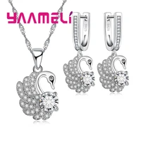 cute christmas gift noble fashion elegant women 925 sterling silver shiny crystal cz swan necklace earring jewelry set