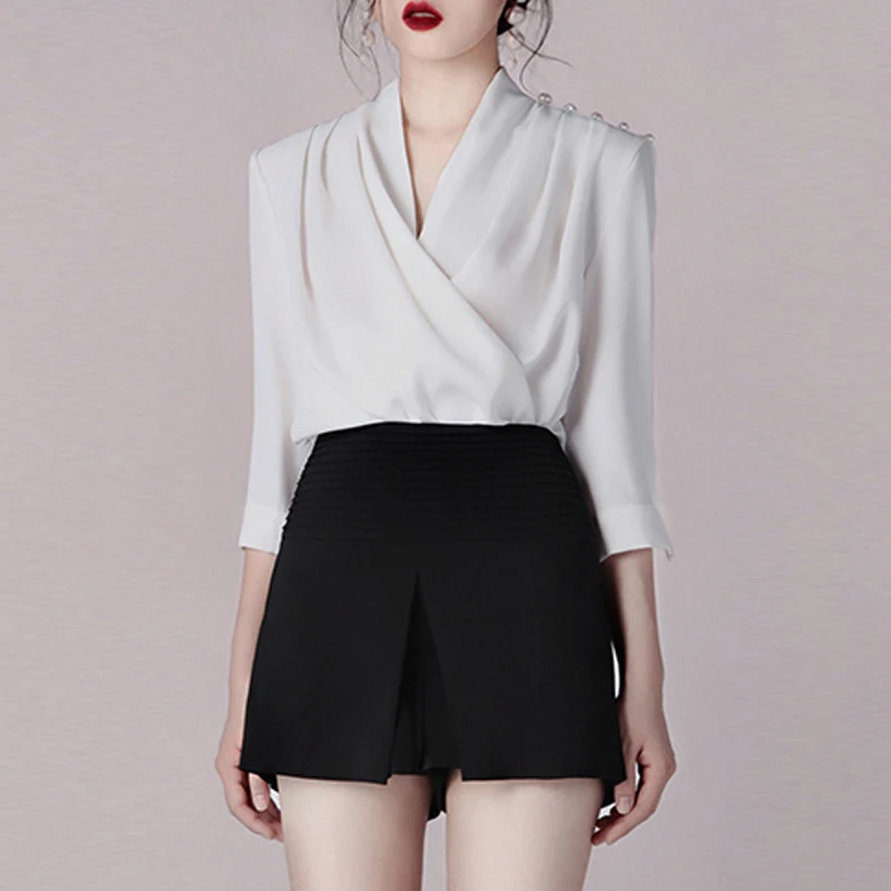 Женский офисный костюм из 2 предметов Max Spri черный топ с глубоким v-образным