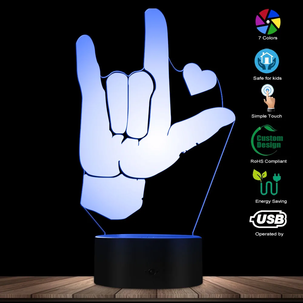 I Love You ASL Американский язык жестов 3D оптический иллюзионный светильник USB современный ночник светящийся светодиодный светильник домашний декор настольная лампа