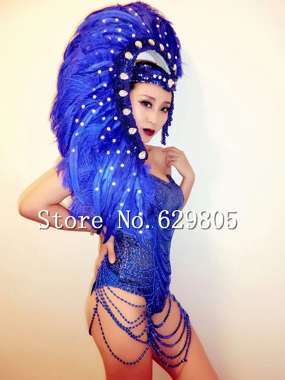 Blue Sequin Shining Rhinestone Beads Tassel Bodysuit Feather Headpiece Stage Wear Prom Outfit Leotard Female Singer Costume |