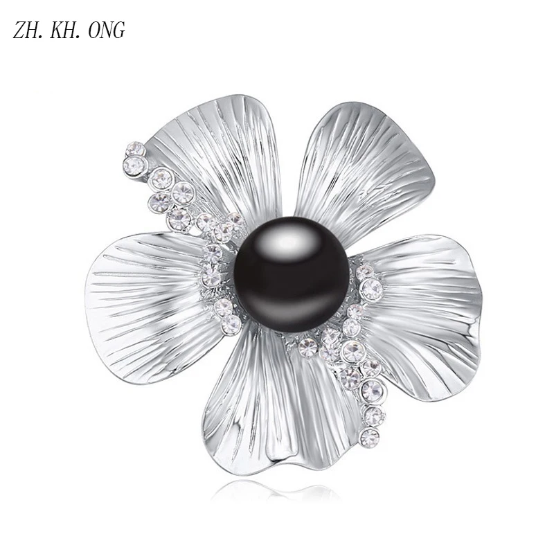 ZH.KH.ONG Vintage Style Imitation Pearl Flower Brooch Elegant White Rhinestones Brooches and Pins for Women jewelry X51 | Украшения и
