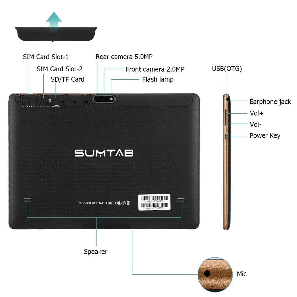 SUMTAB 10 дюймов сенсорный планшет 3g Android 7 0 (2 ГБ Оперативная память 16 жесткий диск WiFi