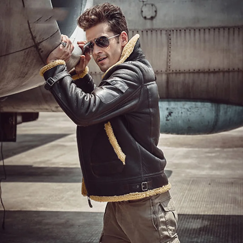 Мужская куртка s Aviator B3 из овчины, мотоциклетная куртка, повседневное пальто для путешествий, зимняя кожаная куртка коричневого цвета для мужчин