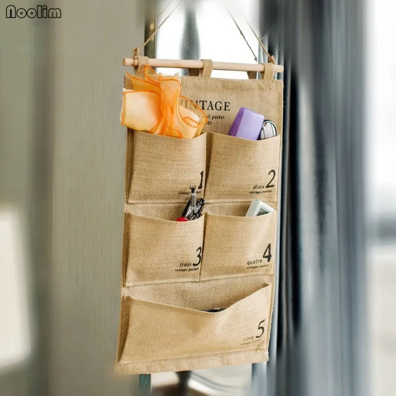 NOOLIM Practical 5 Pockets Wall Hanging Storage Bags Organizer Jute Naturally Letters organizer Cosmetic Sundries storage bag | Дом и сад