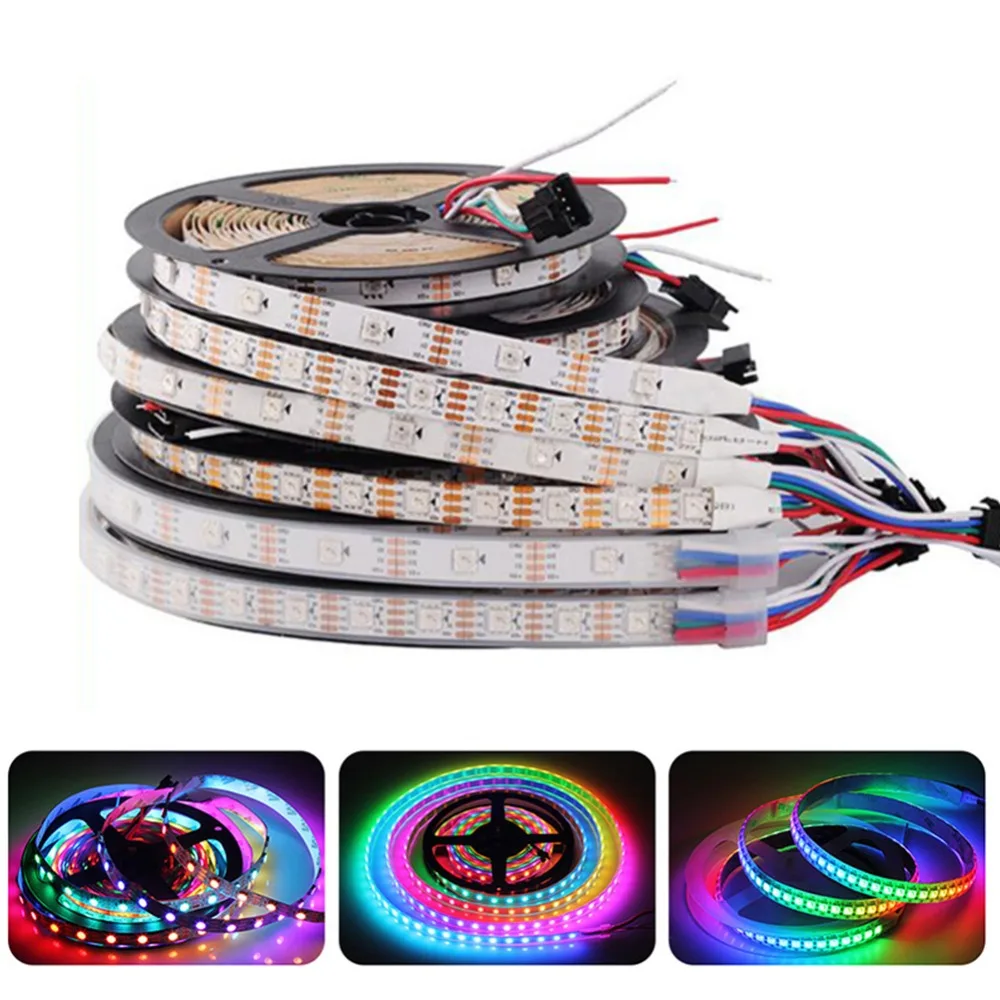 

Светодиодная лента IP30 IP65 IP67 DC5V WS2812B Smart IC RGB 5050 цветной телевизор 1 м 5 м 30 60 74 96 144 пикселей экран ПК Автомобиль Бар Декор для дома