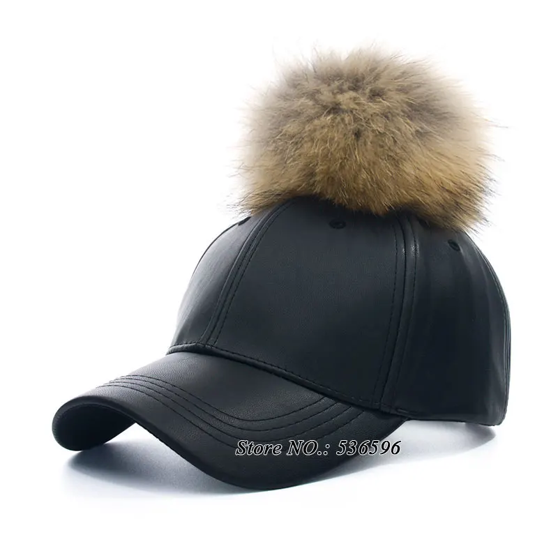 Black X Maroon Новинка, шапка с помпонами из натурального меха для женщин, Весенняя полиуретановая бейсболка ярких цветов с помпонами из натурального меха, брендовая Новая женская кепка B310 - Цвет: Black X Maroon