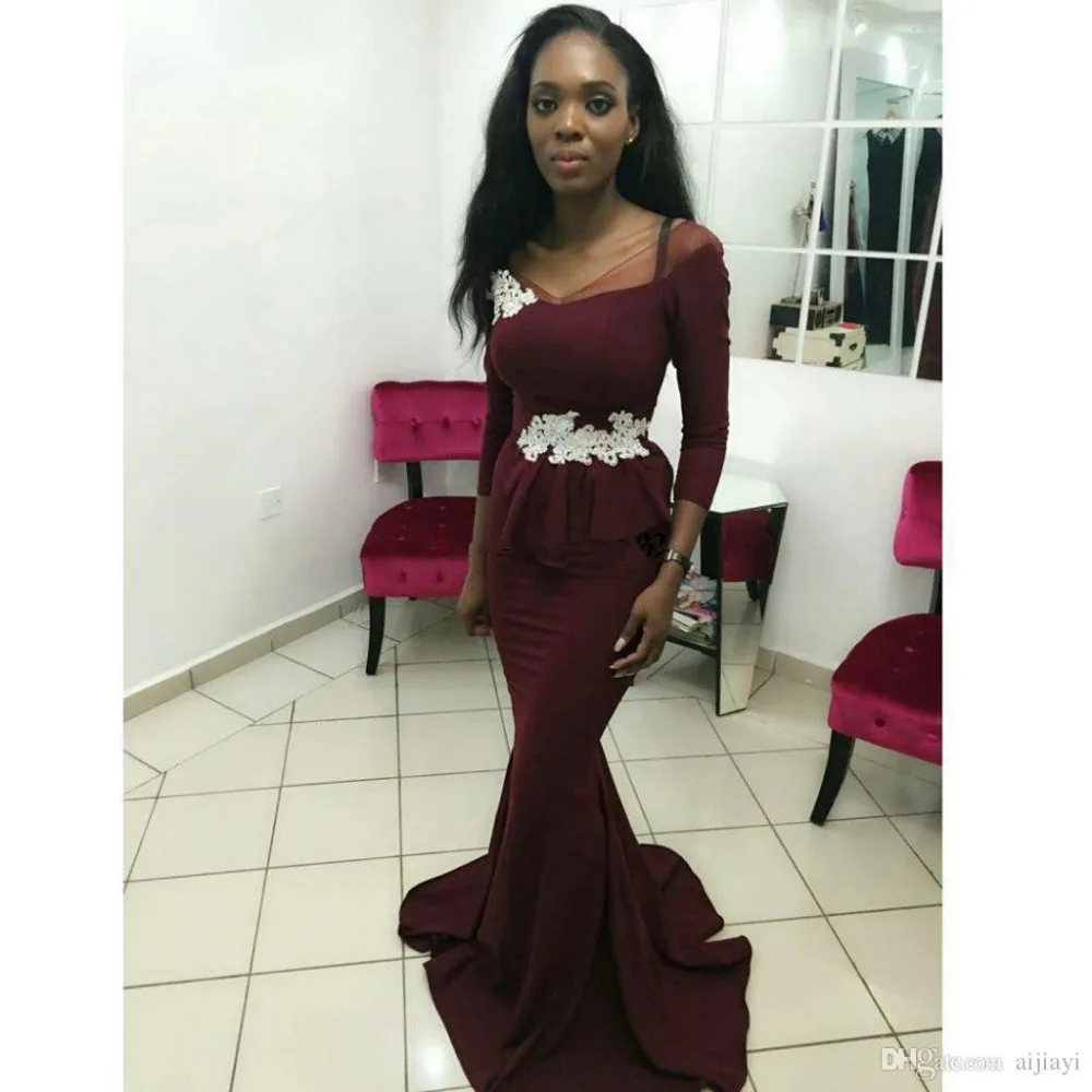 Халат Де Вечер Длинные Рукава Бургундия Пром Платья 2017 Аппликации Кружева