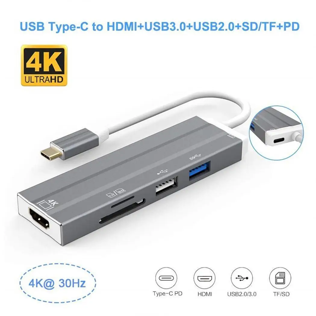 Type-C Hub Six-in-one Type C to HDMI USB with TF/SD Card Reader Support PD Charging | Электроника