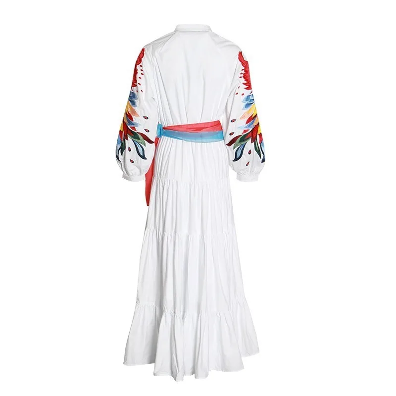 Феникс Вышивка 2019 Подиум Круглый вырез фонарь длинный рукав Высокая талия цвет