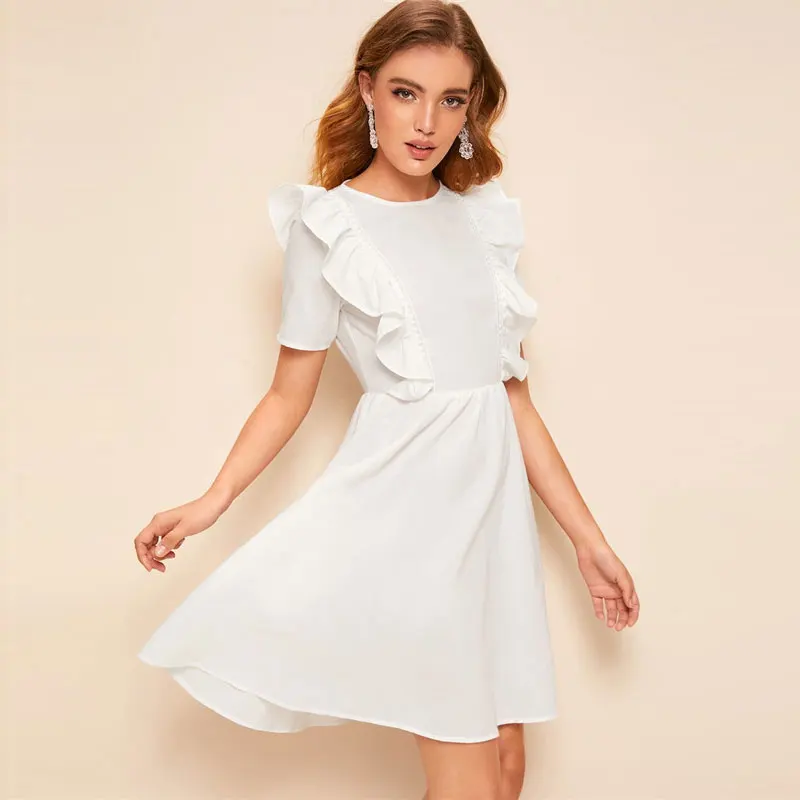 SHEIN однотонное платье миди на молнии сзади с рюшами и проймой женское летнее платье с круглым вырезом и коротким рукавом милое расклешенное ТРАПЕЦИЕВИДНОЕ ПЛАТЬЕ С Высокой Талией