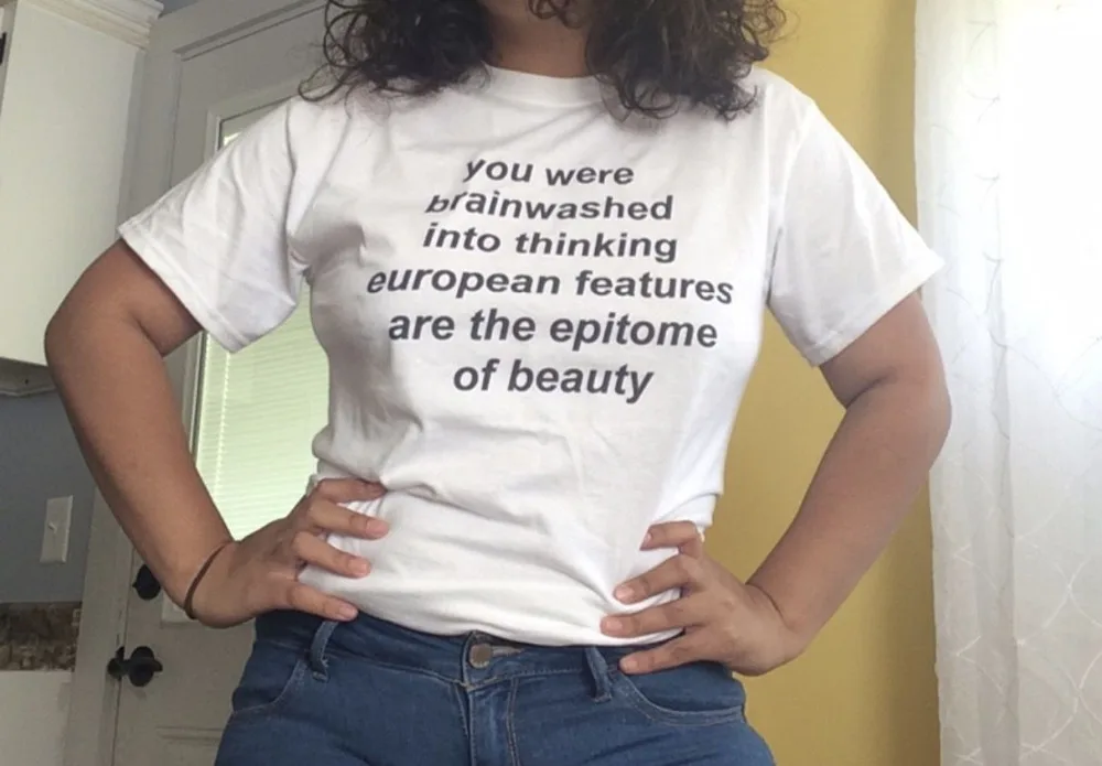 Funny Graphic T-Shirt: Yellow Tee with Brainwashed Ideas of European Beauty image 3