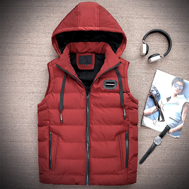 Mwxsd Brand winter men's warm hooded vest men thick sleeveless waistcoat plus cotton male solid fur zipper jacket | Мужская одежда