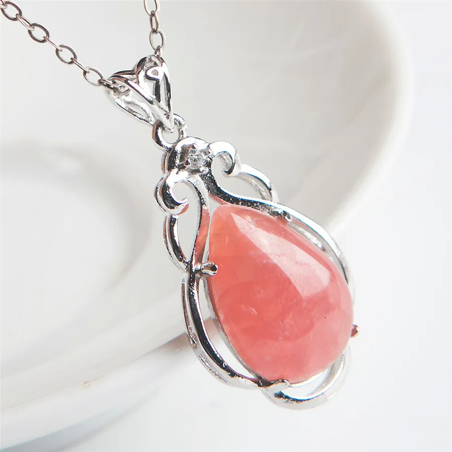 

Подлинная красная Rhodochrosite натуральный камень капли воды бисера женщин Кристалл Серебряный Кулон 20*10*5 мм