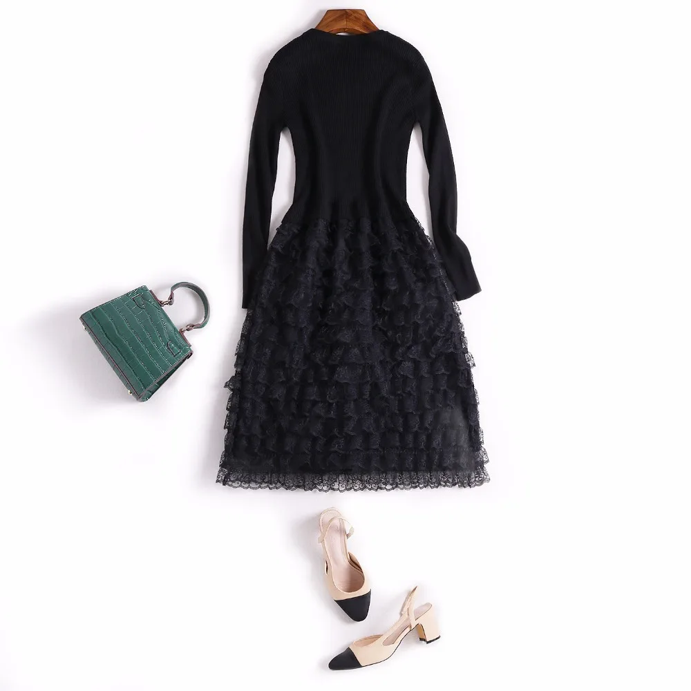 autumn spring woman dress knitted top cascading ruffled lace bottom black rabbit hair blends fashion sweet layered | Женская одежда