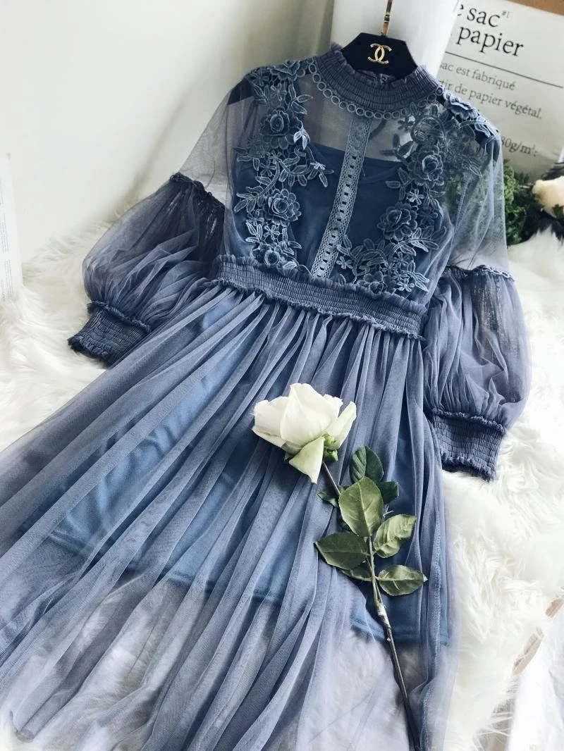 Женское кружевное платье из двух предметов элегантное с воротником-стойкой и