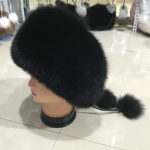 black Хит, шапка из натурального Лисьего меха, зимняя женская натуральный мех лисы шапка, качественная шапка из меха лисы для России, шапки-бомберы из натурального Лисьего меха - Цвет: black