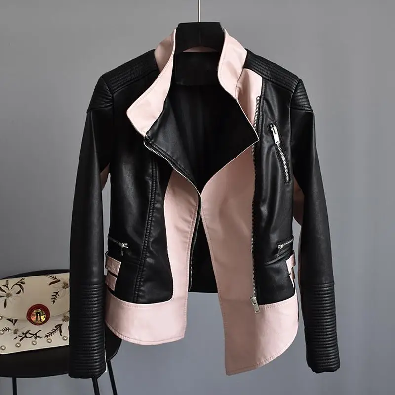 Pink Fitaylor Осенняя женская короткая куртка из искусственной мягкой кожи Асимметричная куртка-бомбер в стиле панк с отложным воротником на молнии кожаная верхняя одежда - Цвет: Pink