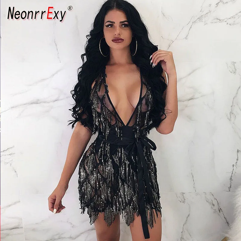 Neonrrexy Sexy Sleeveless Bandage Tassel Luxury Party Dresses Women Cocktail Gold Sequins Bodycon Backless Vestidos | Женская одежда
