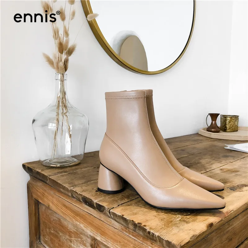 ENNIS Fashion Stretch Ankle Boots Women High Heel Boots Genuine Leather Boots Pointed Toe Shoes Autumn Winter Black A985