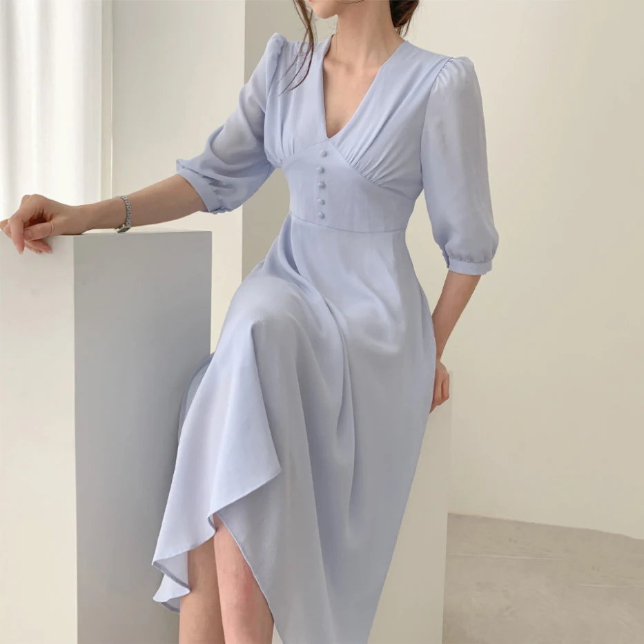 RealShe Fashion Women Dress Ladies V Neck Half Sleeve Button Solid White Dress Robe Ladies Summer Elegant Casual Long Dresses