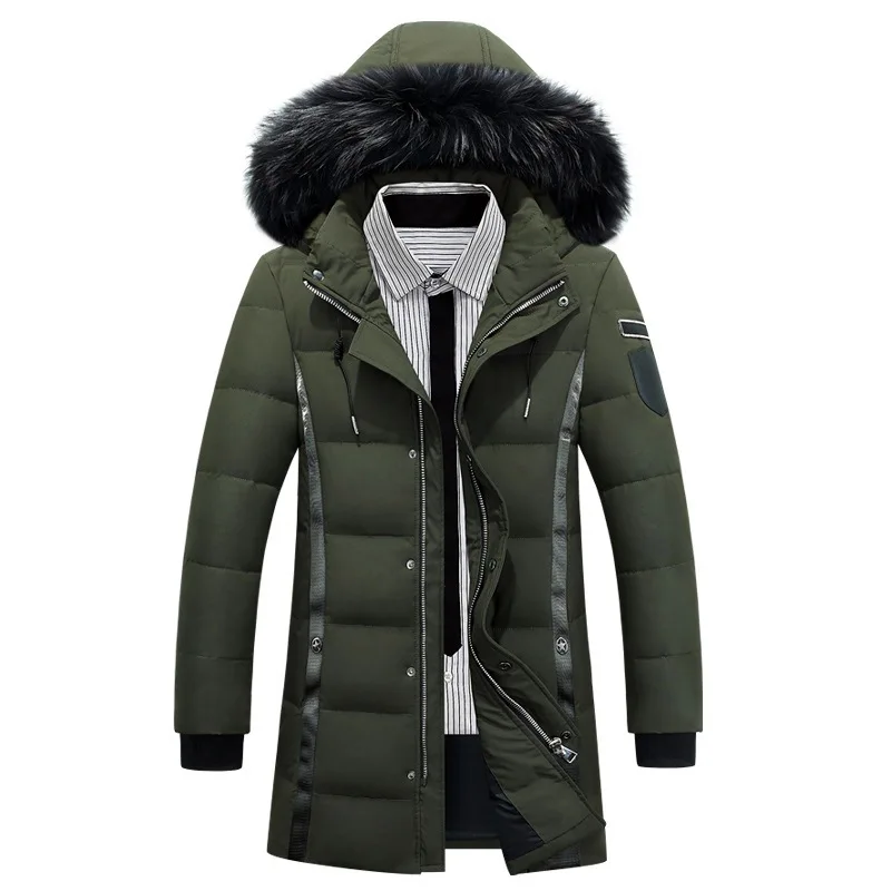 Army Green Мужская верхняя одежда, длинный пуховик, зимняя утолщенная куртка с меховым воротником и капюшоном, модное тонкое мужское плотное пальто D259 - Цвет: Army Green