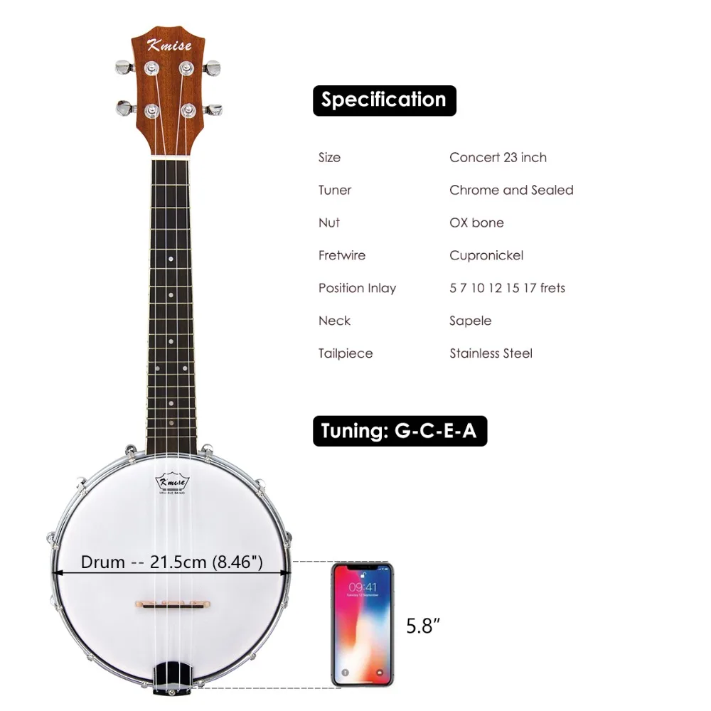 Kmise для укулеле, банджо, концертная Ukelele 4 струна Uke 23 дюймов Sapele полиэфирная пленка барабанная головка с тюнером Gig Bag