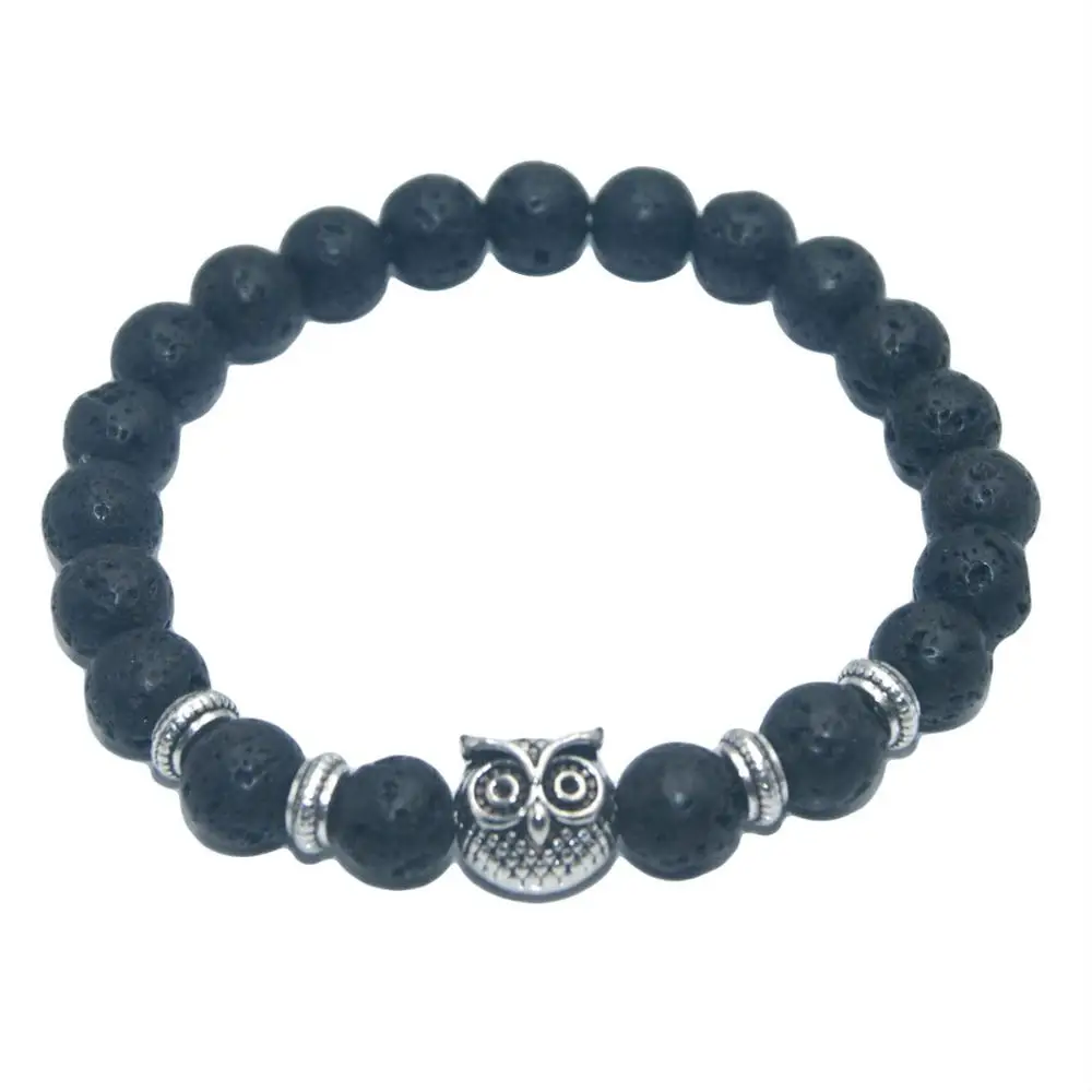 Silver Owl 8 мм Черный Природный камень из вулканической породы Сова голова Будды Браслеты на удачу для женщин мужчин Шарм ювелирные изделия стрейч энергетическая Йога - Окраска металла: Silver Owl