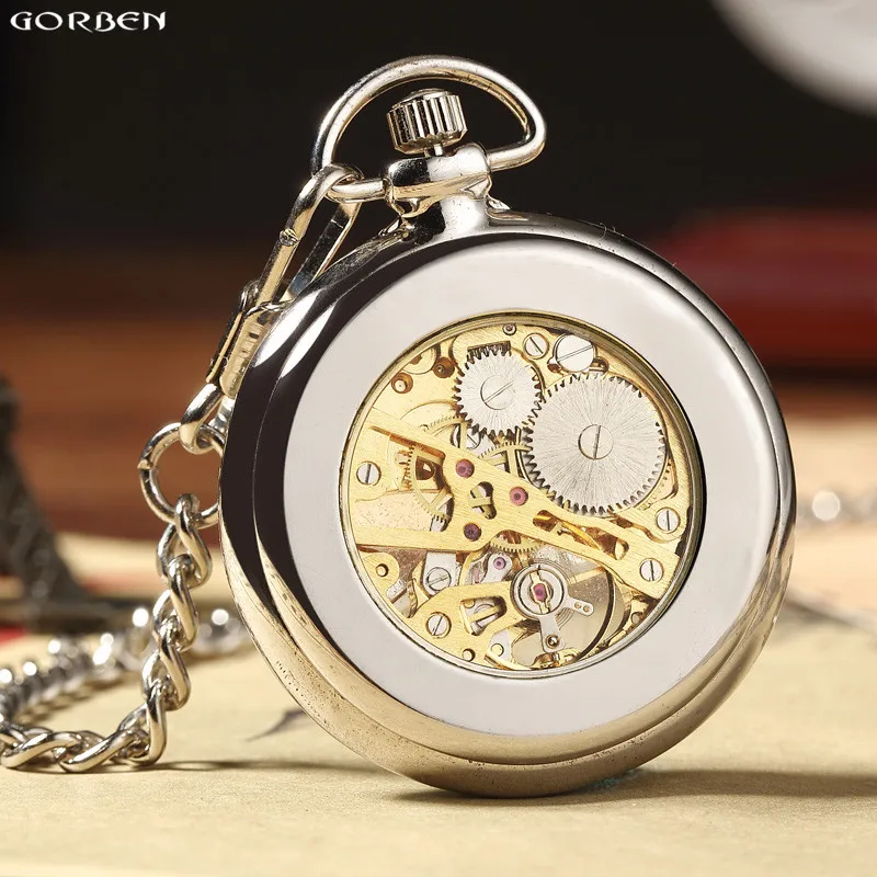 Luxury Silver Skeleton Mechacnical Hand-winding Mens Pocket Watch with FOB Chain 2017 Hot Smooth Steel Women Unisex Pocket Watch
