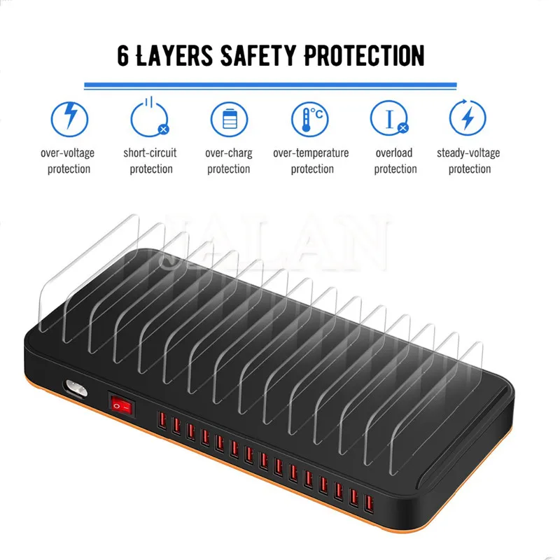 JALAN 15 портов умная Мульти USB зарядная станция для мобильных телефонов/планшетов