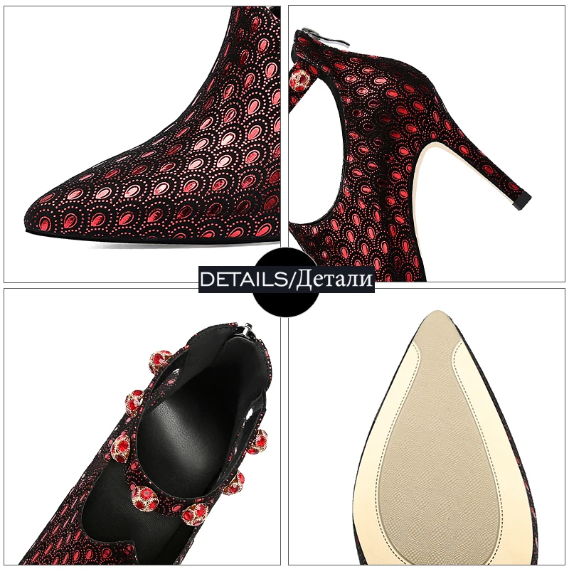 

ISNOM Print Kid Suede Pumps Women Pointed Toe Footwear Ankle Strap Crystal Shoes Female Luxury Party High Heels Shoes Woman 2019