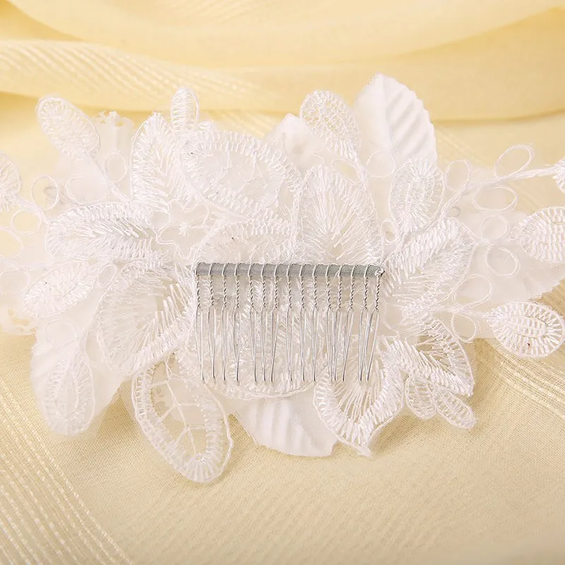 Rhine pearl hair stone crystal wedding bride a white lace flower comb feather headdress | Украшения и аксессуары