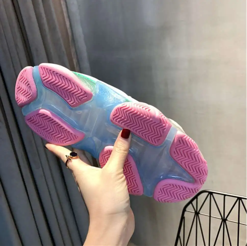 

Hot Sale New Fashion Mesh Sneakers Women Flats Platform Lace-up Transparent Combination Sloe Breathable Leisure Dady Shoes