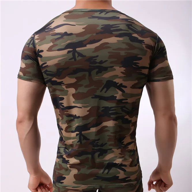 Sexy Men's Undershirt Milk Silky Printed Camouflage Short-sleeved Leotard Jumpsuit Wrestling Undershirt Pajamas Underwear