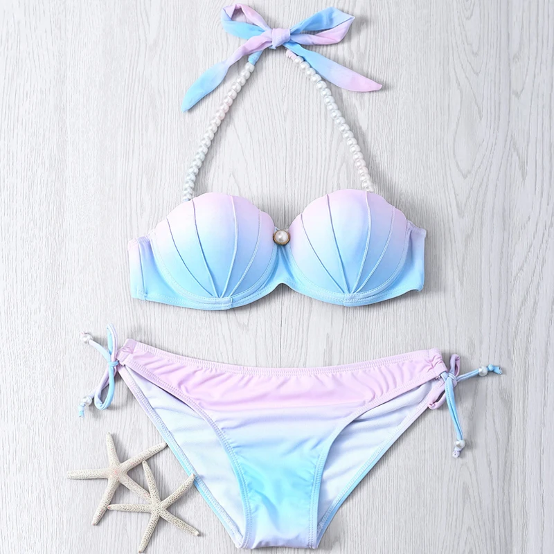 

Gradient Color Bikini New Mermaid Shell Bra Two Pieces Swimsuit Halter Neck Swimwear Lady Beach Wear