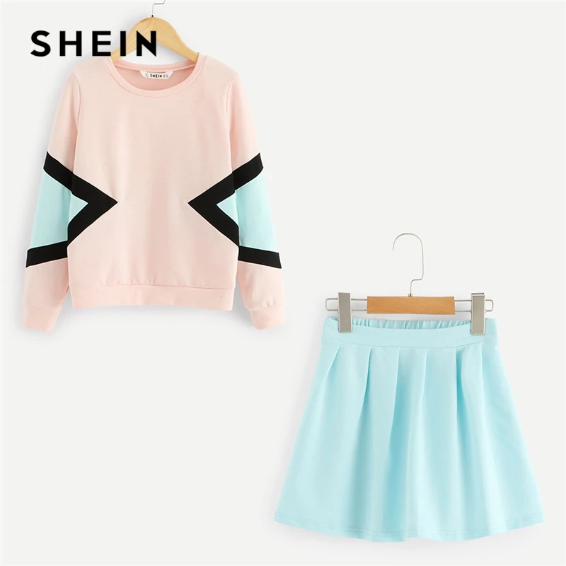 SHEIN/Детский свитер с цветными блоками и Расклешенная юбка, комплект для девочек, г. Летняя юбка с длинными рукавами и эластичной резинкой на талии повседневные Детские комплекты