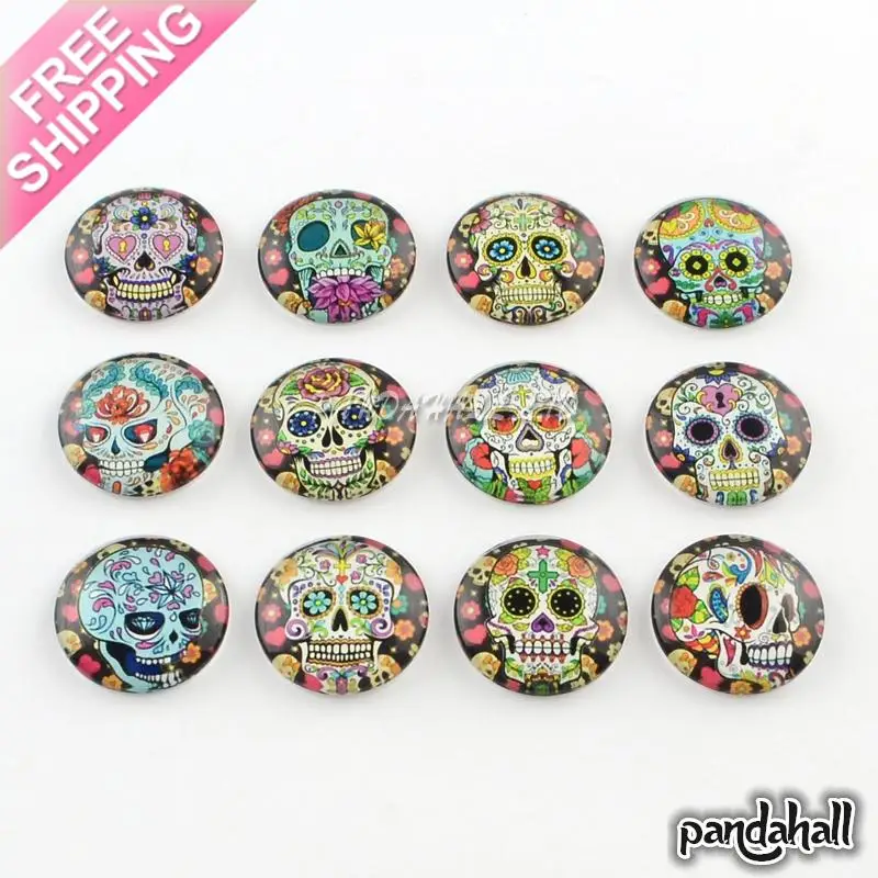 

Half Round/Dome Candy Skull Pattern Glass Flatback Cabochons for DIY Projects, Mixed Color, 25x6mm
