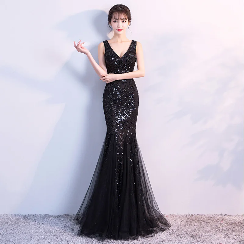 

BlackChinese Oriental V-Neck Mermaid Wedding Women Sexy Cheongsam Evening Dress Elegant Princess Dresses Modern Qipao