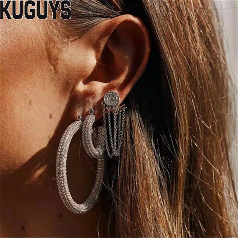 Женские круглые серьги кольца KUGUYS роскошные вечерние золотистого и серебристого
