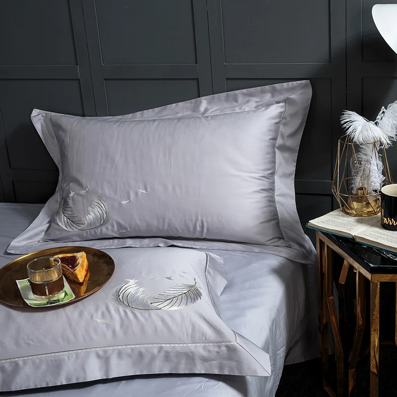 grey feather embroidery bedding sets egyptian cotton bed set queen king size duvet cover sheet pillowcase 4/6pcs | Дом и сад