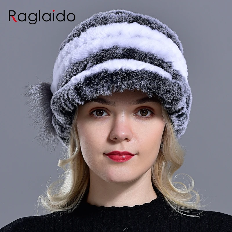 Raglaido кролика Cap шляпы для женщин зима цветочные Настоящее Рекс меховая шапка эластичные шапочки теплые модные женские зимние hat LQ11205
