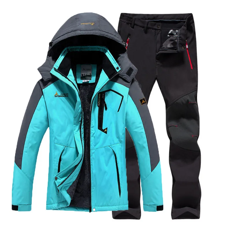 Blue Suit Женские зимние меховые походные треккинговые лыжные альпинистские водонепроницаемые уличные куртки Мягкие штаны теплые брюки комплект - Цвет: Blue Suit