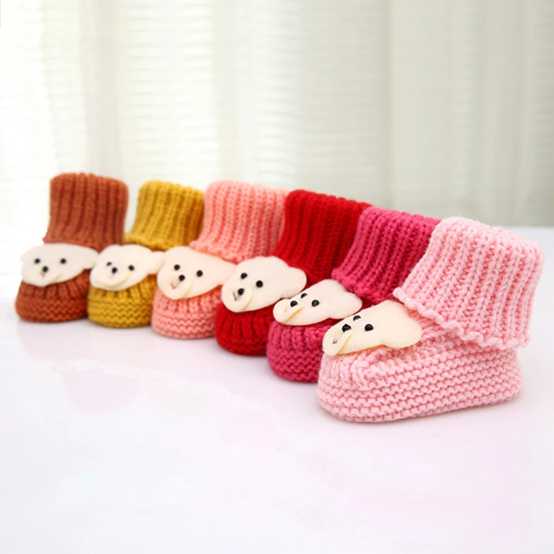 Носки для малышей от 0 до 12 месяцев зимняя обувь с рисунком медведя теплые вязаные