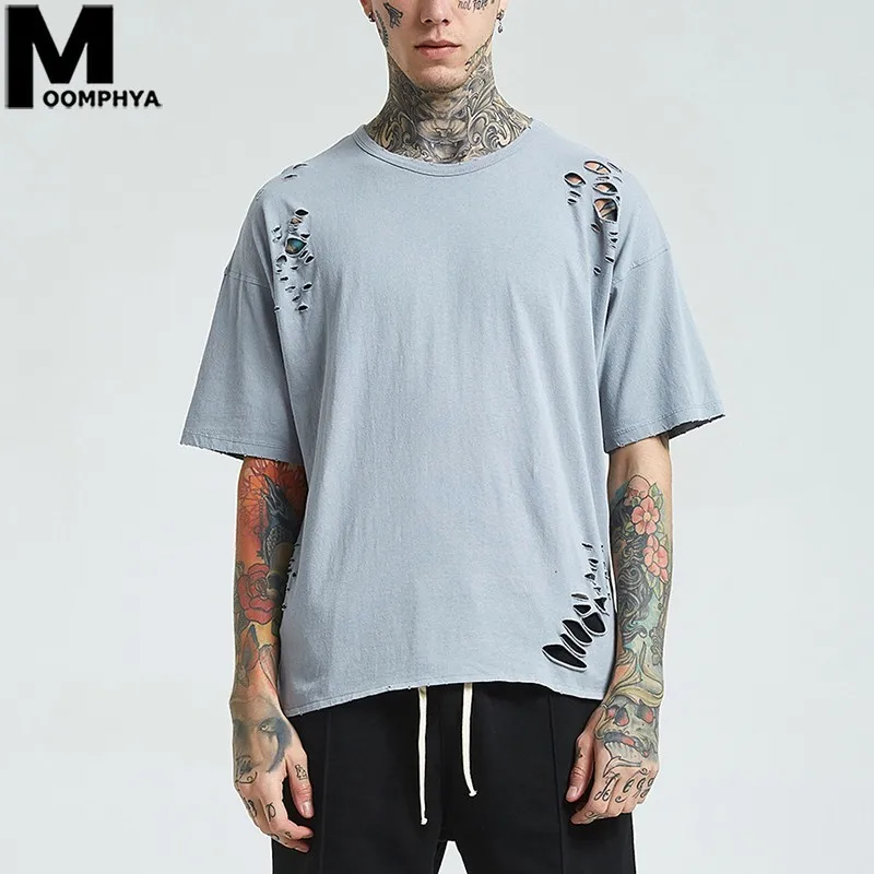 

Moomphya 2019 New Ripped Holes Short Sleeve Men T Shirts Streetwear Hip Hop Plain T-Shirt Men Oversize Summer Top Tee Shirt Men