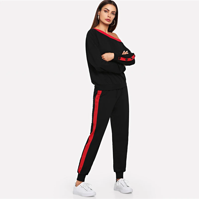 SweatyRocks, черный комплект из 2 предметов, полосатый женский спортивный костюм, осенний комплект из двух предметов, Асимметричный топ с пуговицами на шее и штаны